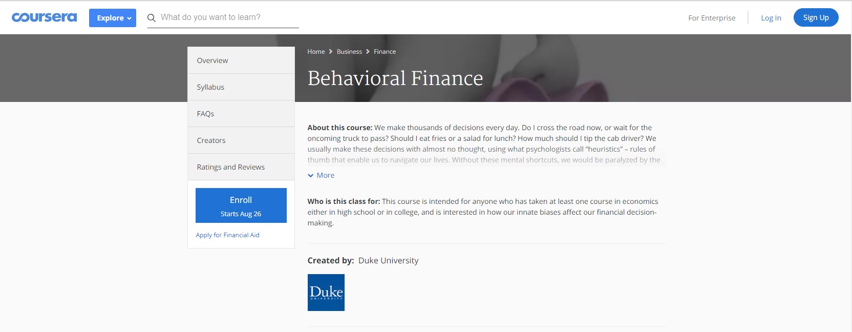 Coursera Behavioral Finance neuroeconomics