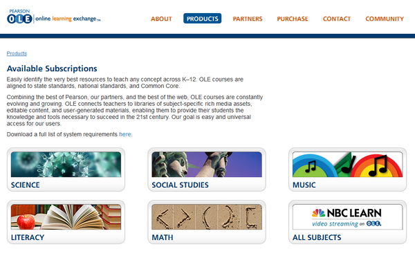 The main contents page of the Pearson Online Learning Exchange platform. 