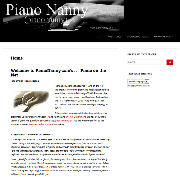 Screenshot of the Piano Nanny Main Page