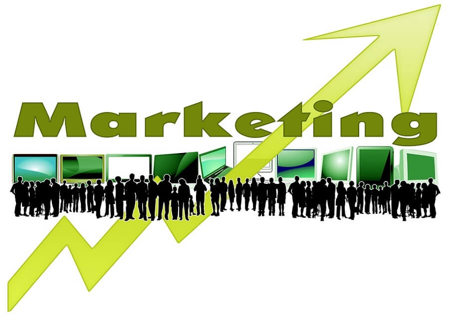 illustration of the word marketing and a lot of people and computer screens