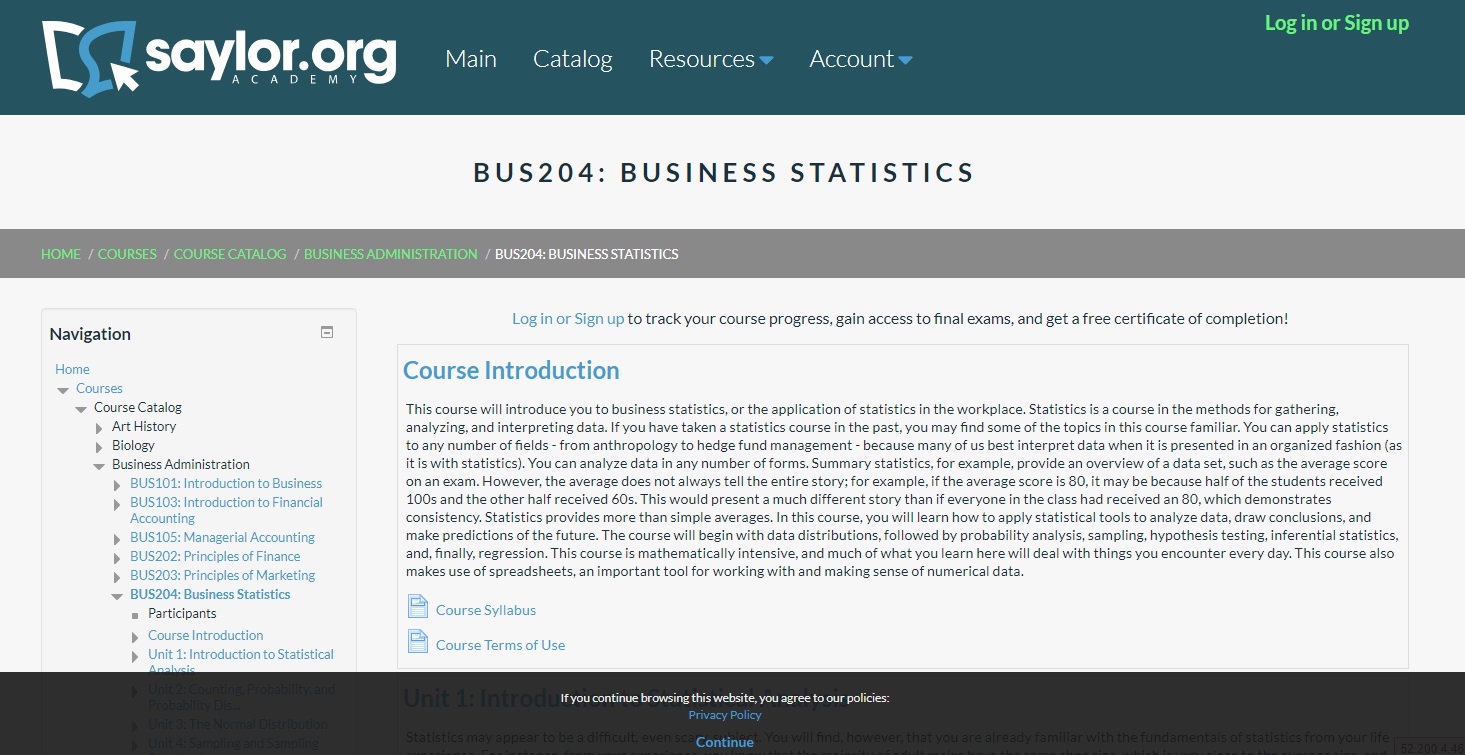 Saylor Academy – Business Statistics online courses